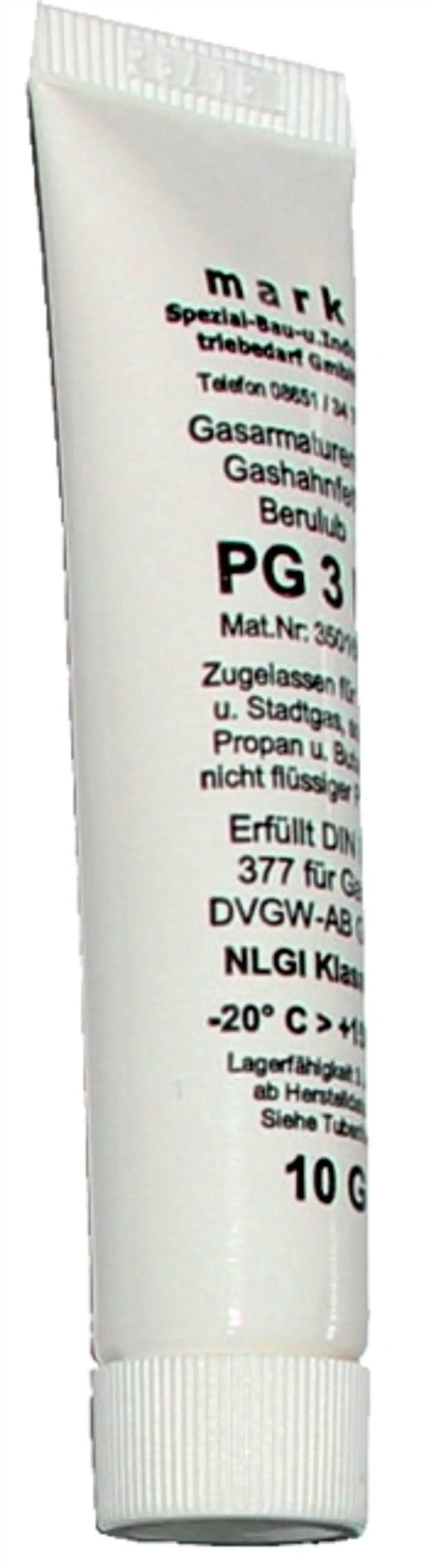 Weiße Tube mit einer grauen Kappe, beschriftet mit technischen Informationen, die auf die Verwendung als Schmiermittel hinweisen. Marke Wolf. Inhalt 10 g.